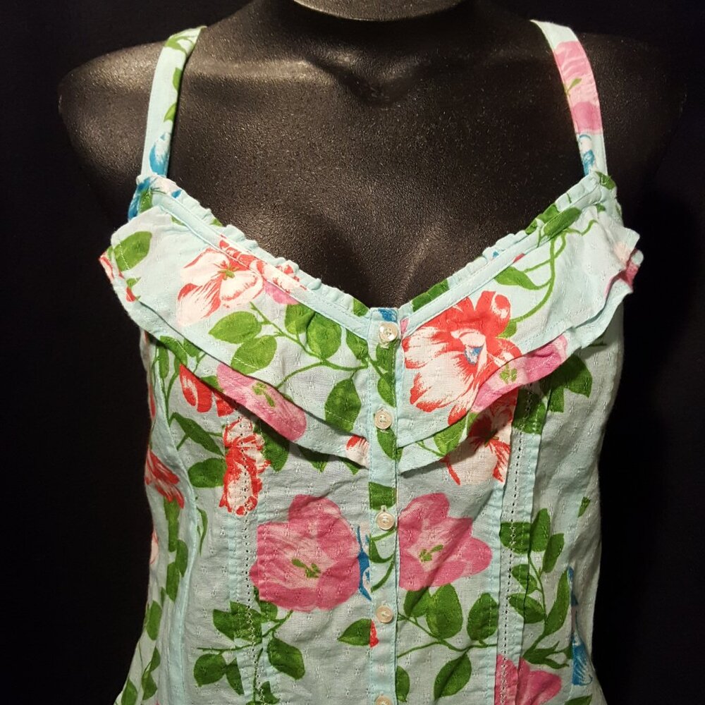 Hollister Aqua Floral Racerback Spaghetti Strap Tank w/ Adjustable Straps